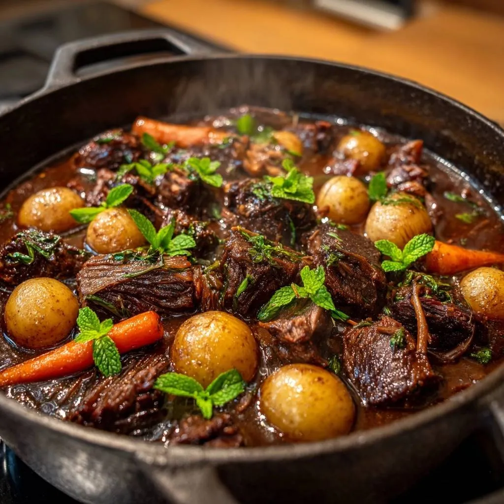 Mint braised beef stew featuring tender beef chunks, potatoes, and carrots in a rich sauce, close-up in a cast-iron pan.