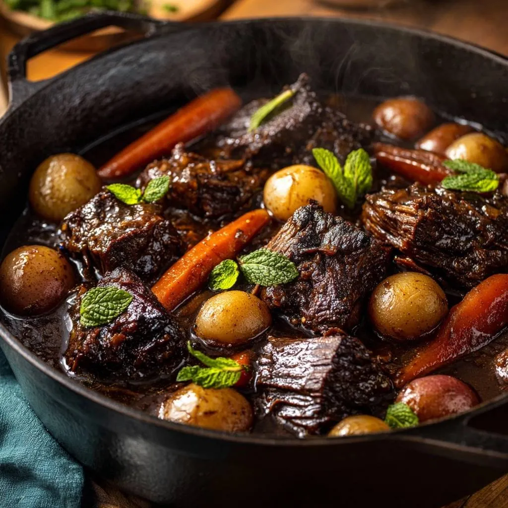 Mint braised beef stew with carrots and potatoes, a close-up view in a cast-iron skillet.