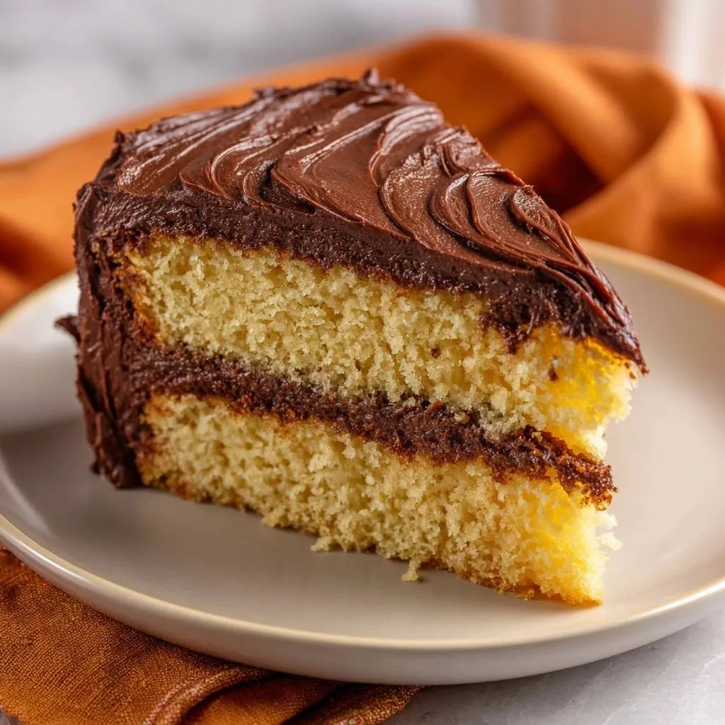 Moist yellow layer cake with chocolate frosting, shown as a generous slice revealing its cross-section and creamy frosting.