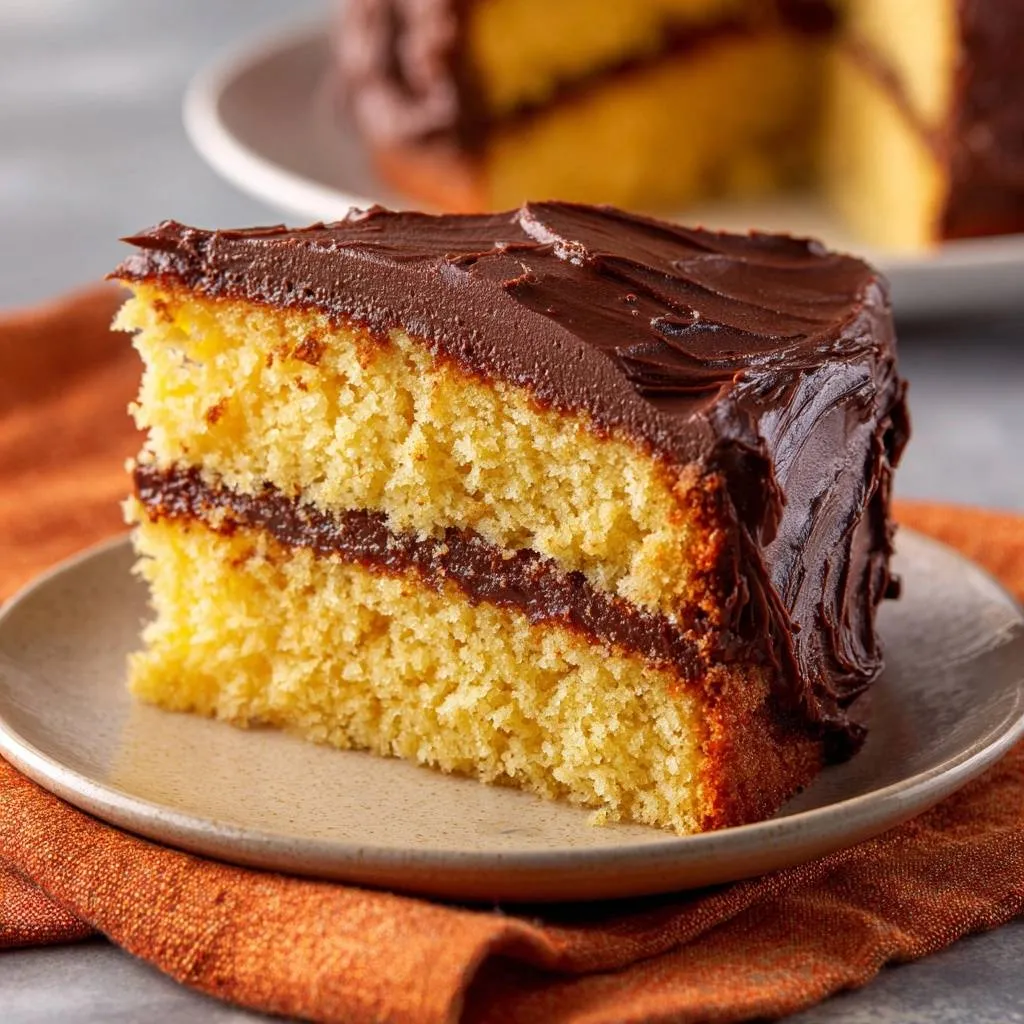 Moist yellow layer cake with chocolate frosting, a single slice served on a plate with a textured napkin.