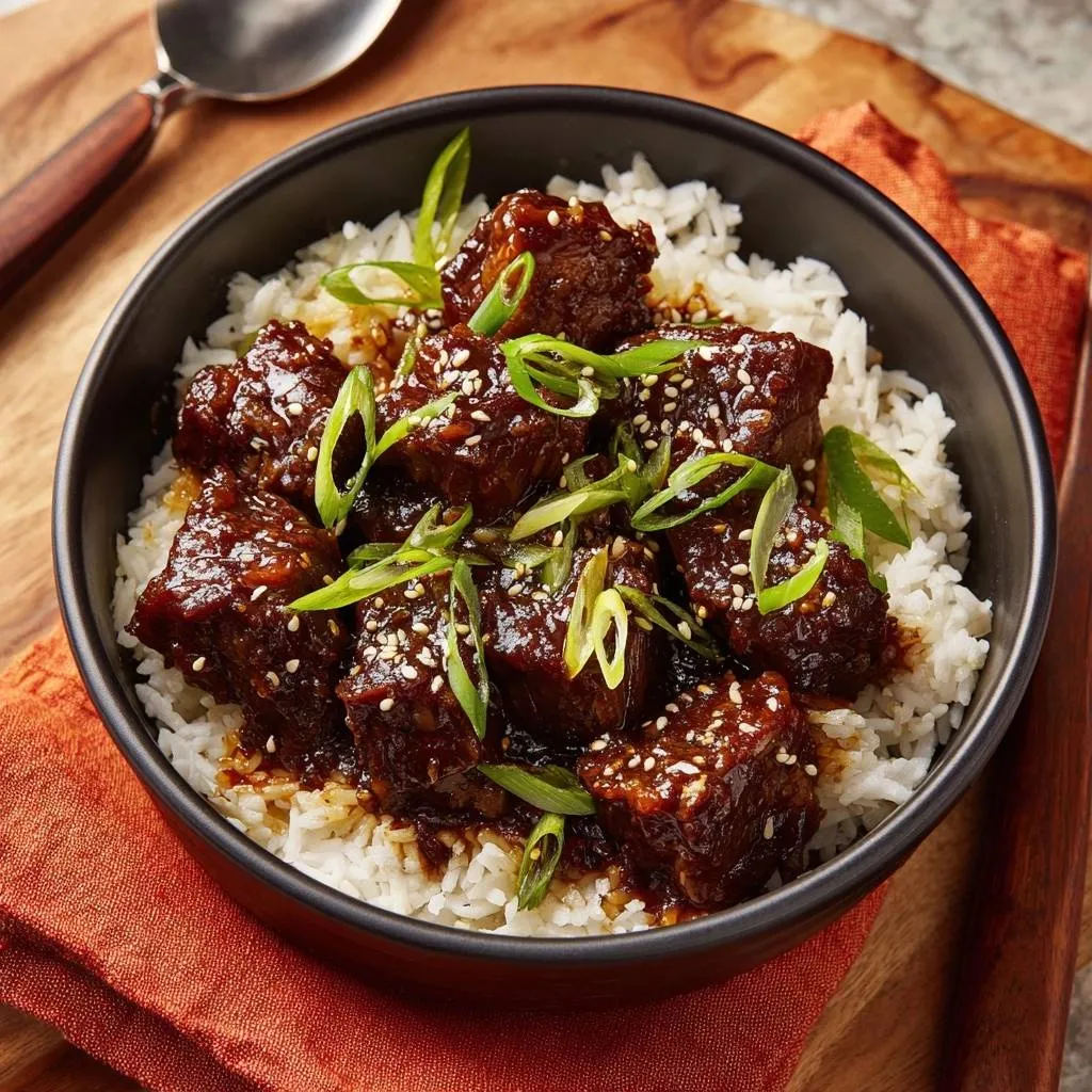 Mongolian beef bowls with tender beef and rice, garnished with fresh green onions and sesame seeds.