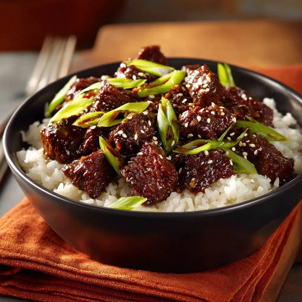 Mongolian beef bowls with tender, crispy beef shown in a close-up with green onion garnish and sesame seeds.
