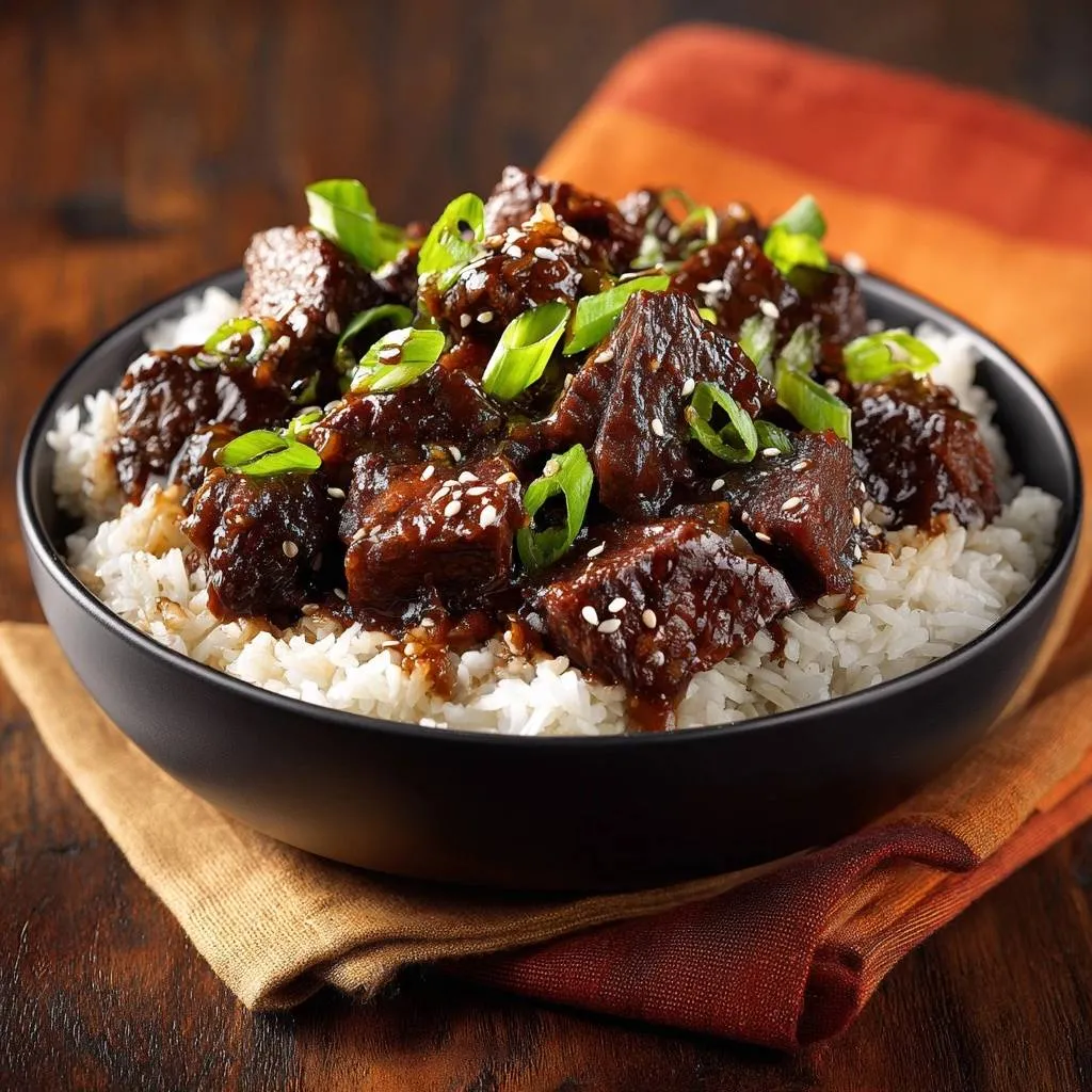 Mongolian beef rice bowl with tender juicy cubes, garnished with green onions and sesame seeds.