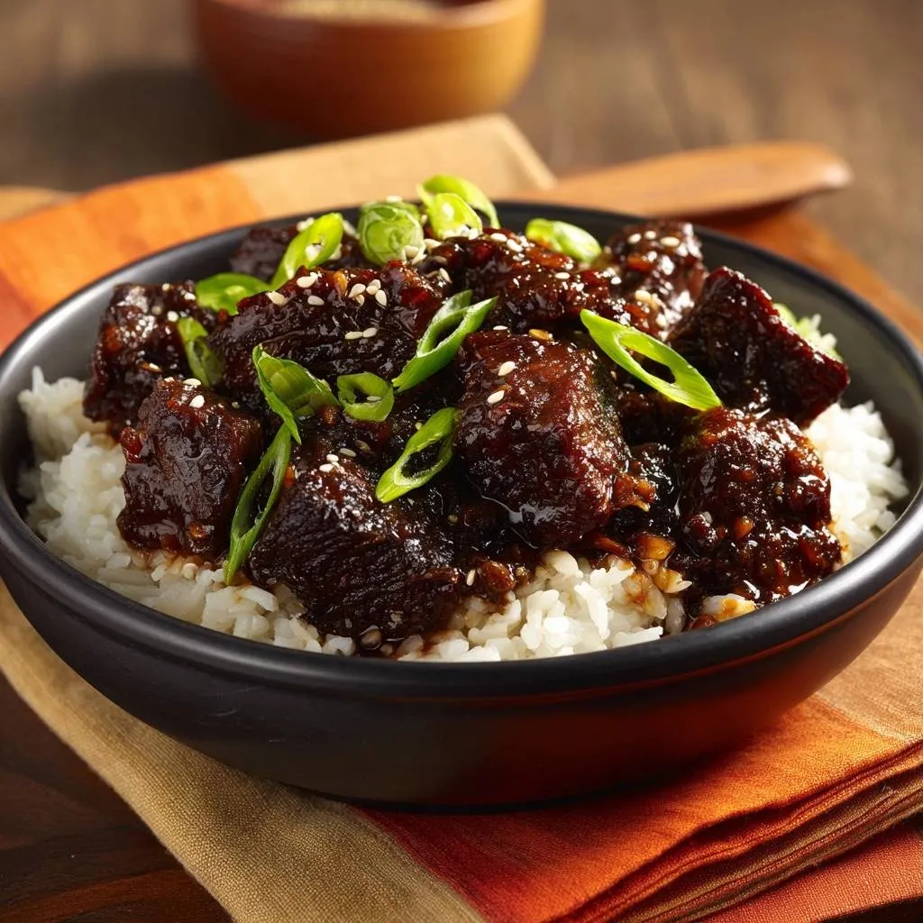 Mongolian beef rice bowl with tender juicy cubes and a fresh green onion and sesame seed garnish.