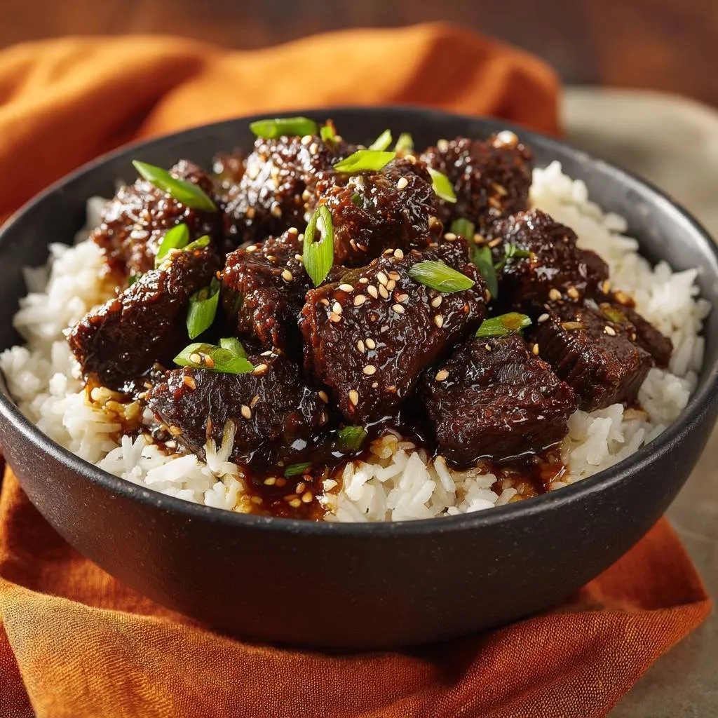Mongolian beef rice bowls with tender velveted meat, garnished with green onions and sesame seeds, served in a black bowl.