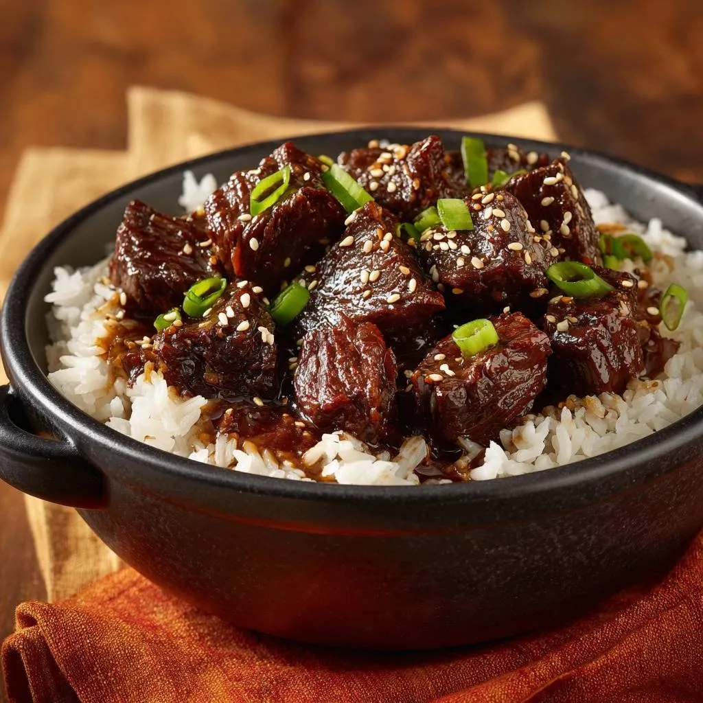 Mongolian beef rice bowls with tender velveted meat, garnished with sesame seeds and green onions, in a close-up view.