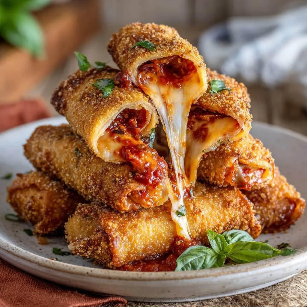 Crispy Mozzarella Marinara Egg Rolls with a gooey, cheesy interior showing a cross-section.