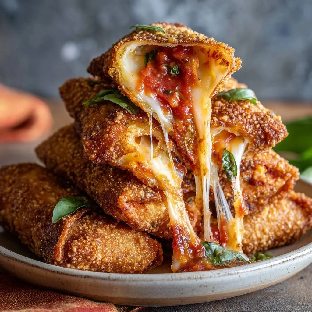 Crispy Mozzarella Marinara Egg Rolls showing a cheesy, saucy cross-section with melted mozzarella strings.