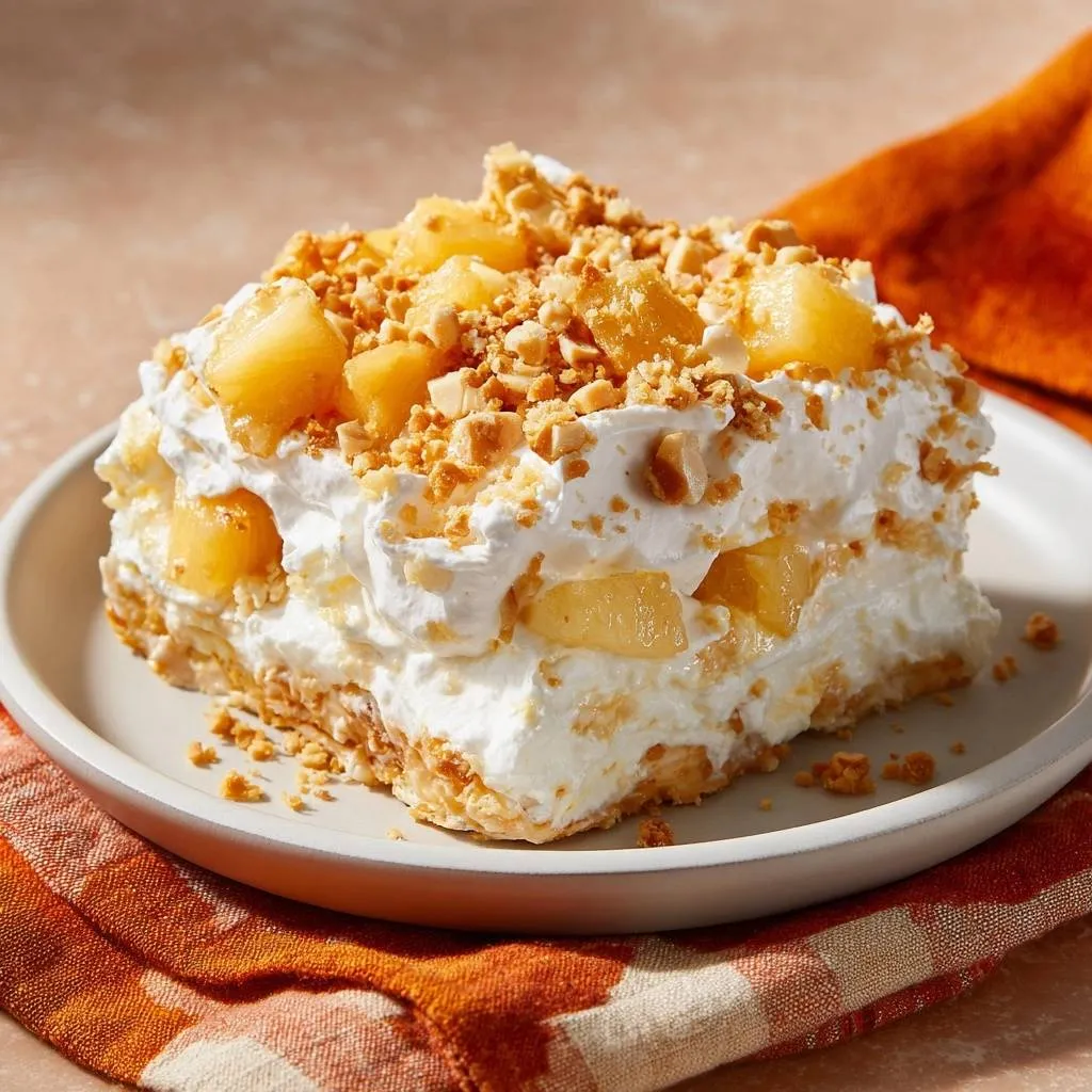 No-bake pineapple pecan delight served as a single slice on a white plate, showing layers of whipped topping and fruit.