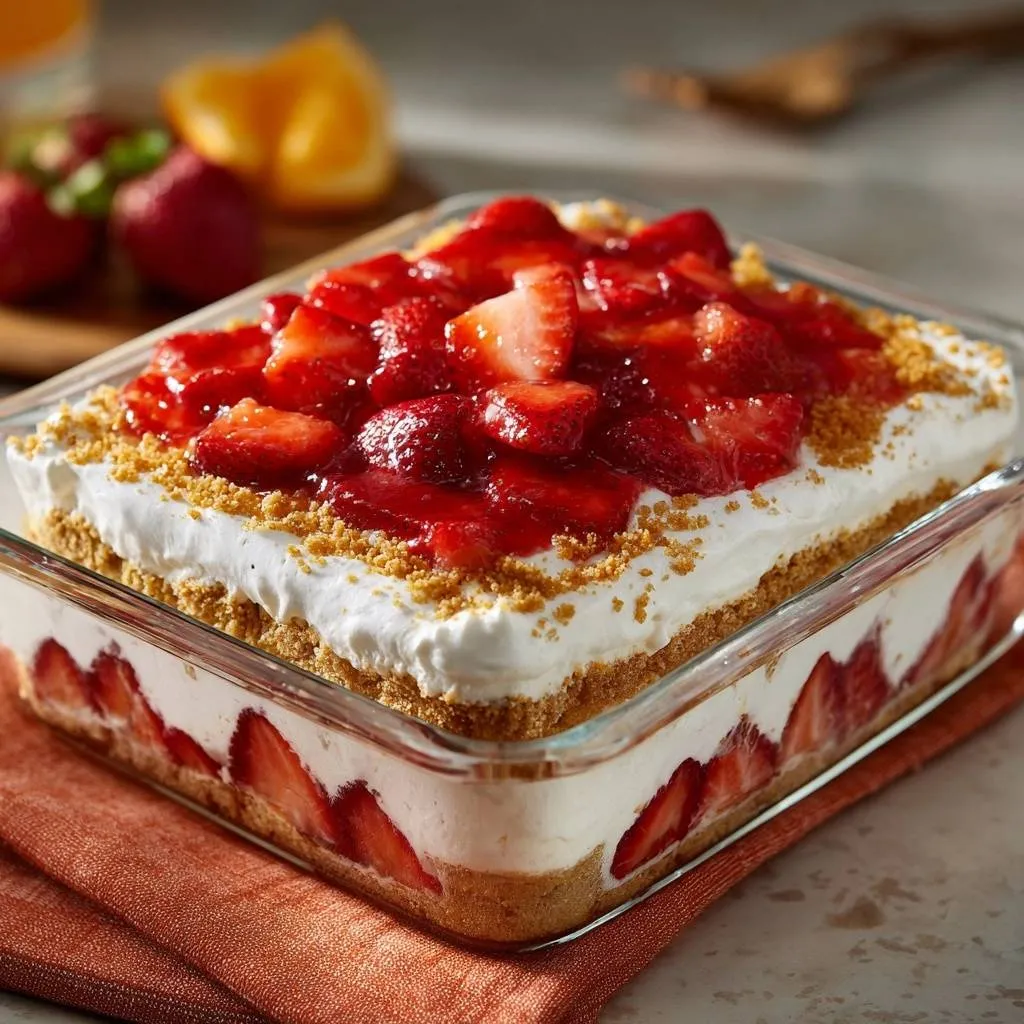 No-bake strawberry crunch dessert in a glass dish, showing layers of strawberries, cream, and crust from a side view.