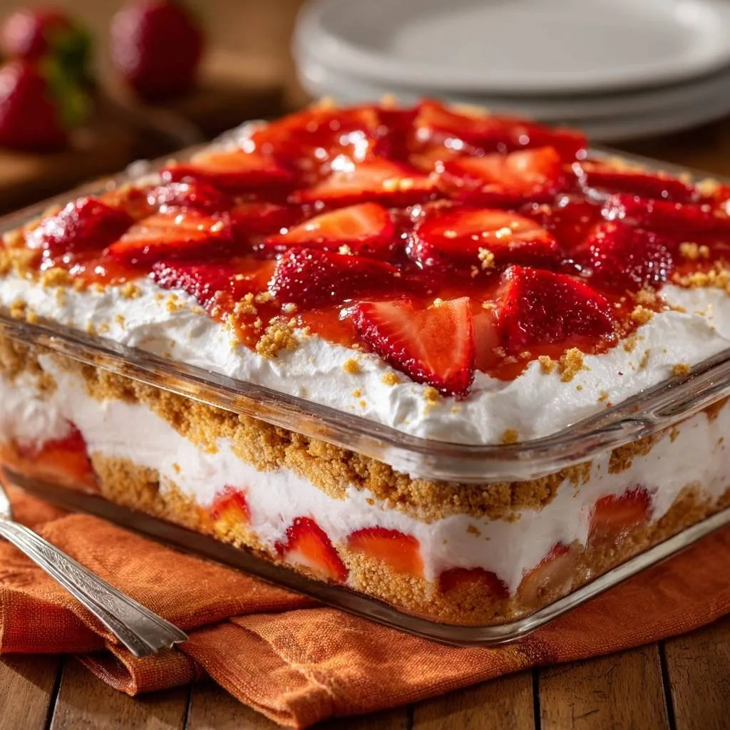 No-bake strawberry crunch dessert showing layers of strawberries, cream, and crumb crust in a glass dish.