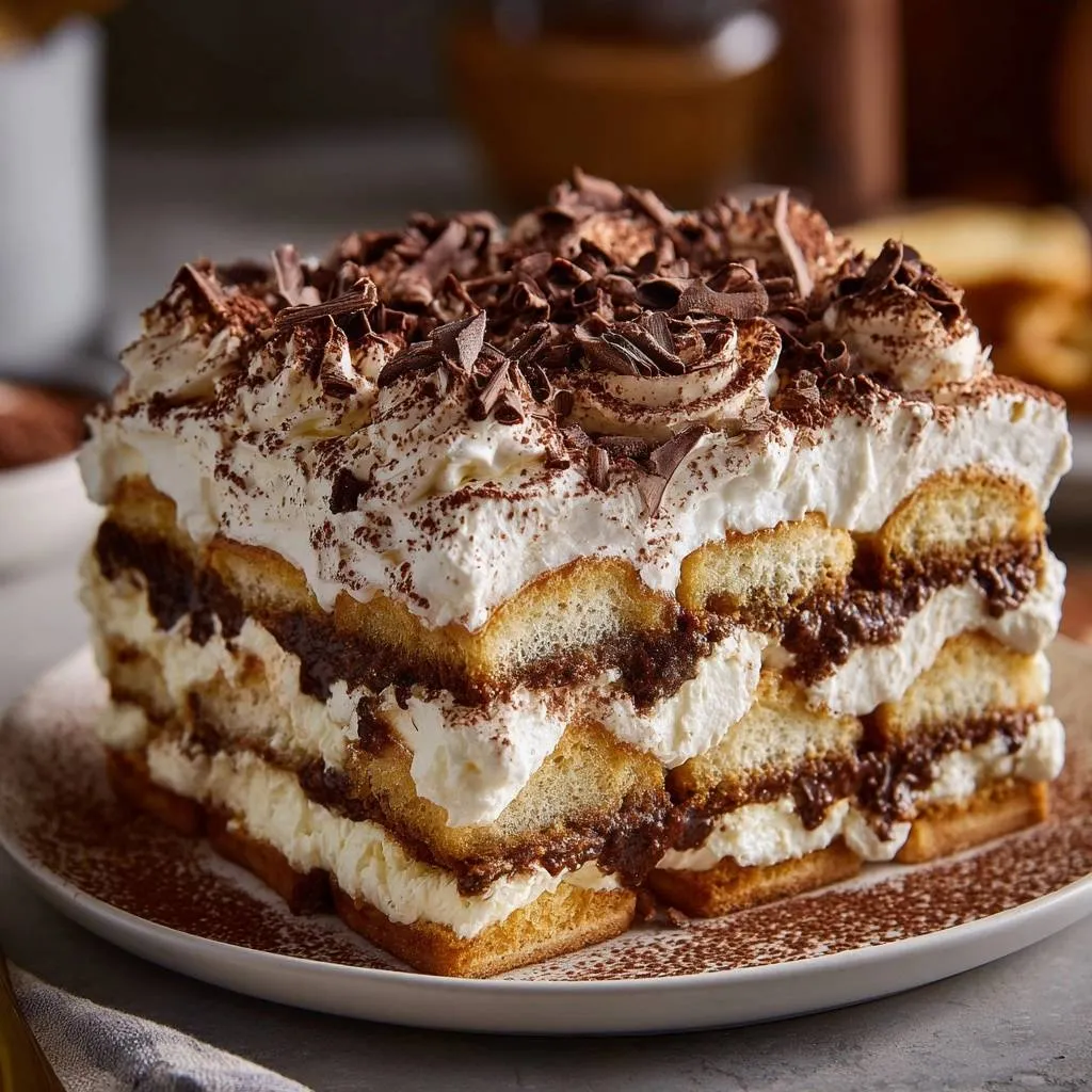 Nutella Tiramisu cross-section showcasing crisp layers of ladyfingers, Nutella cream, and whipped topping.