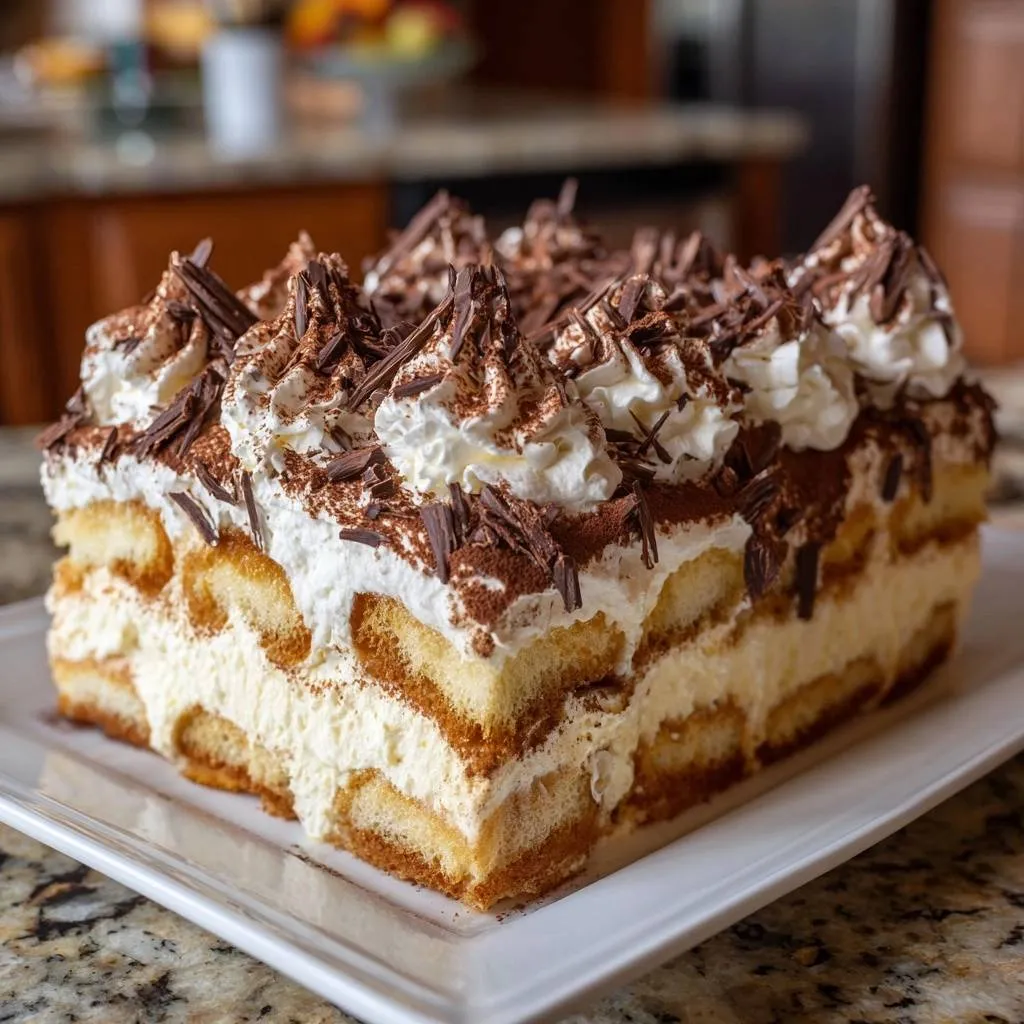 Nutella Tiramisu cross-section showing layers of ladyfingers and cream, topped with whipped cream and chocolate shavings.