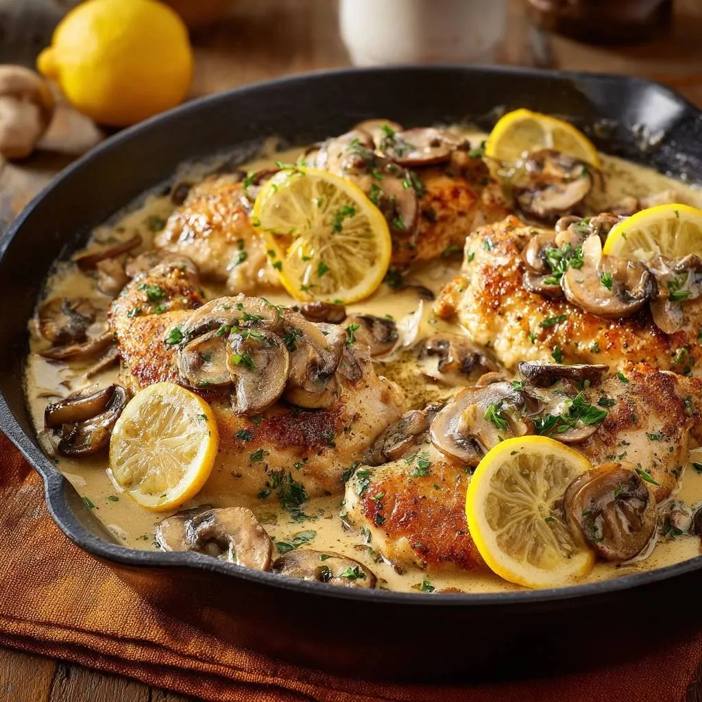 One-pan creamy lemon mushroom chicken served in a cast-iron skillet with lemon slices and fresh parsley.