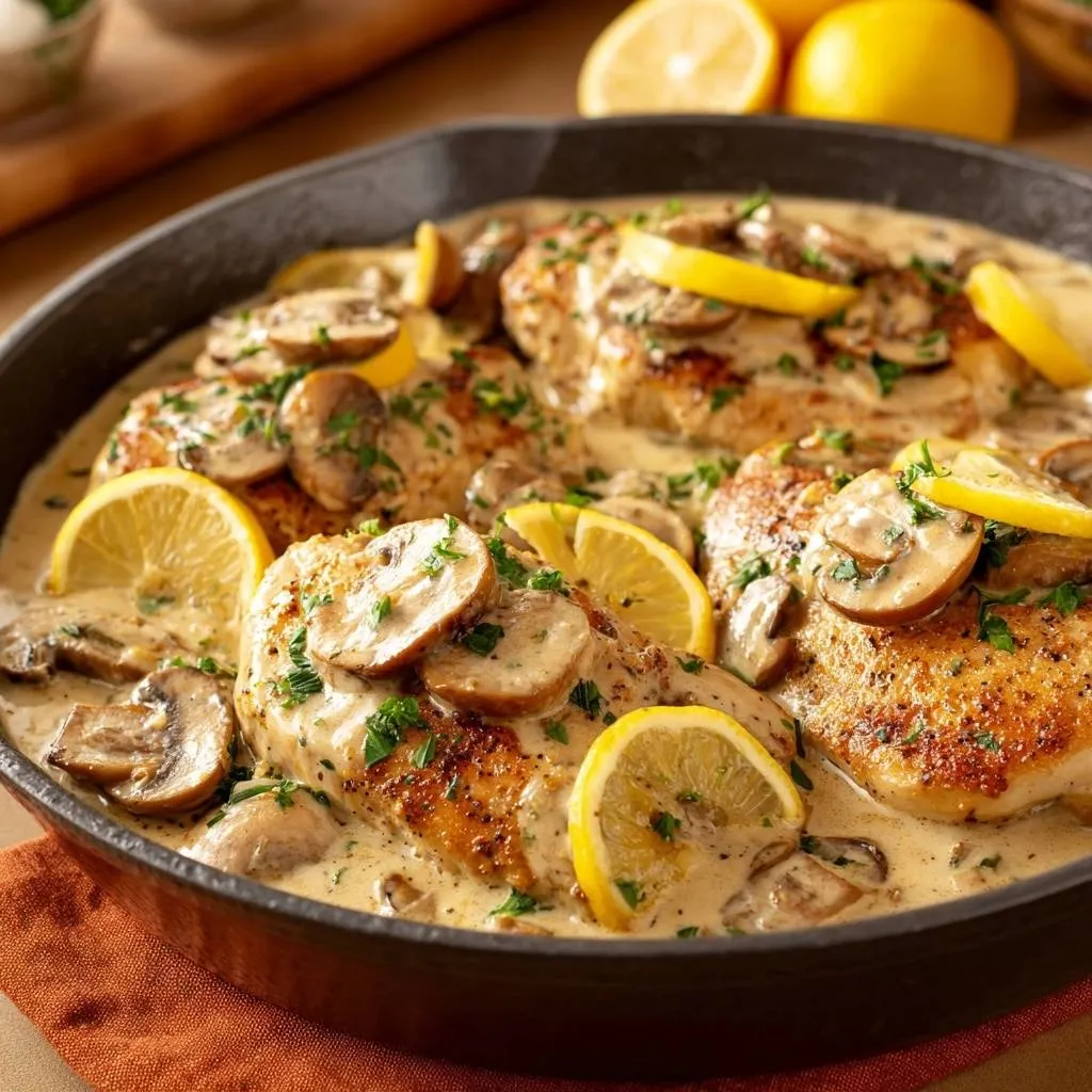 One-pan creamy lemon mushroom chicken served in a cast iron skillet with lemon slices and mushrooms.