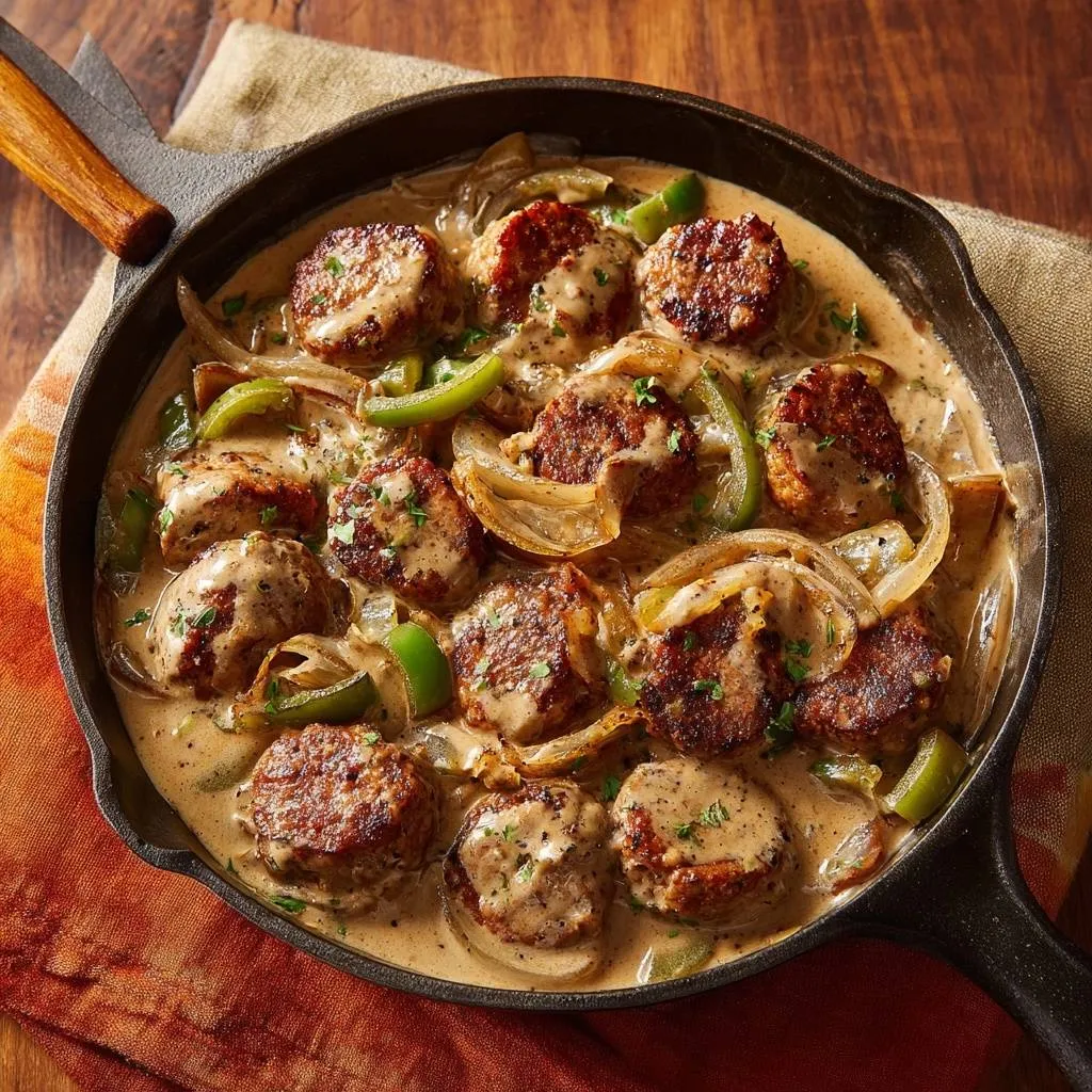One-pan creamy meatball skillet served in a cast iron pan with onions and peppers.