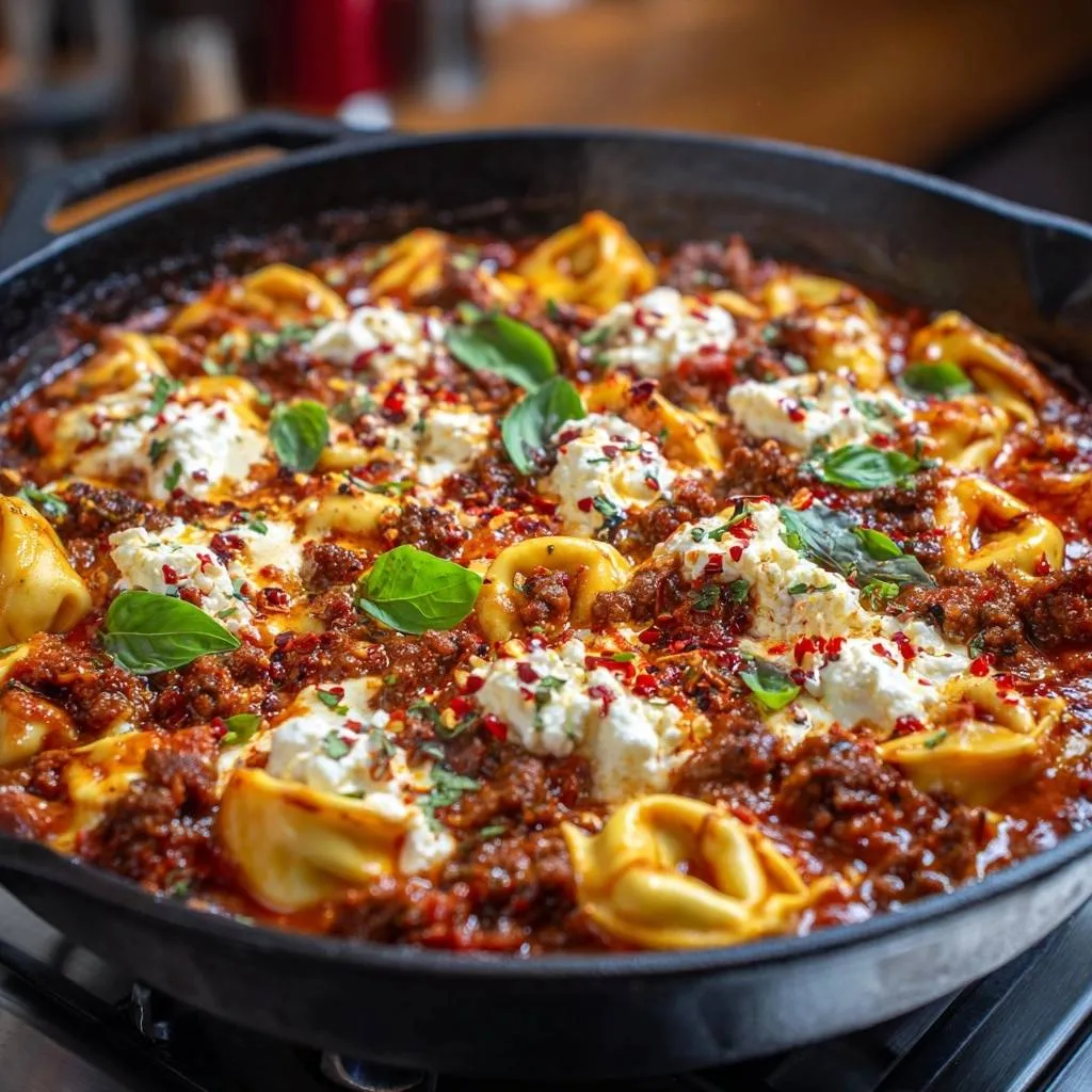 One-Pan Spicy Beef Ravioli Skillet topped with dollops of ricotta cheese, fresh basil, and chili flakes.