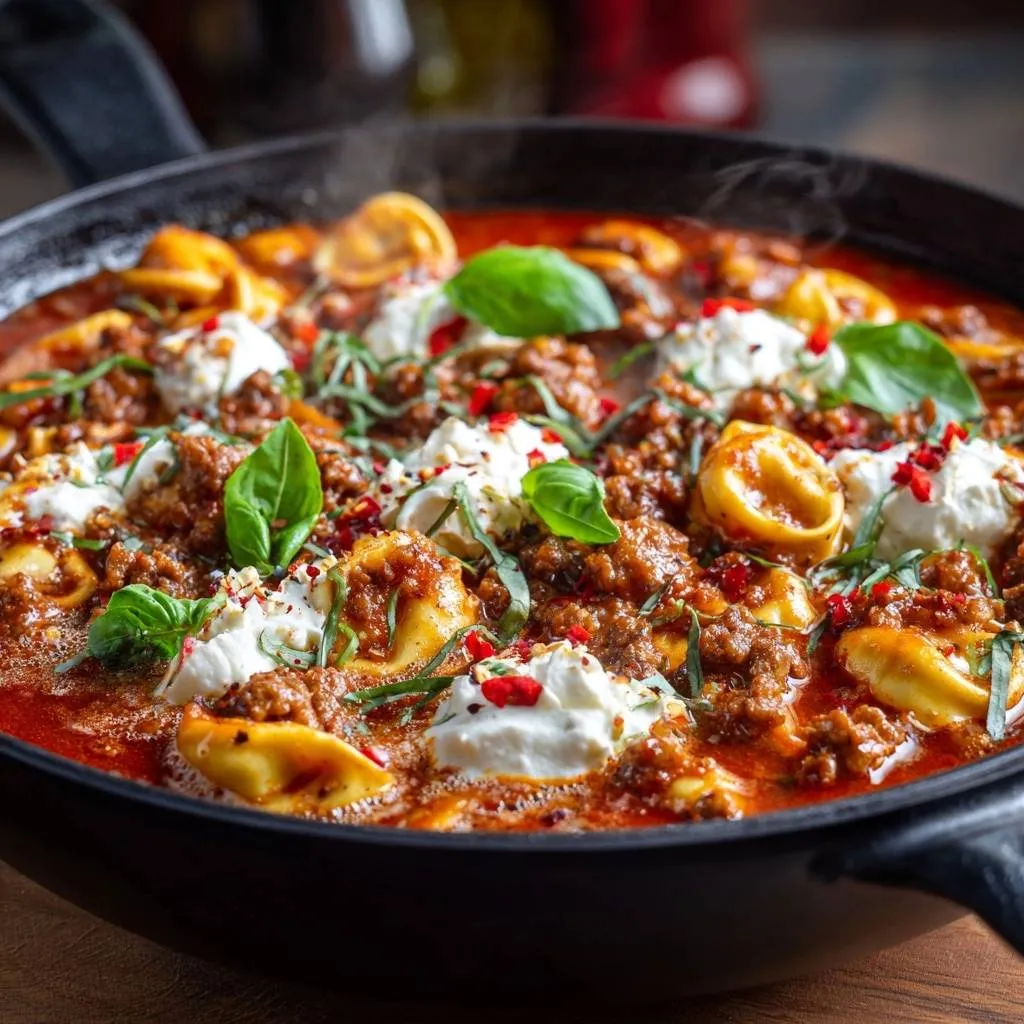 One-pan spicy beef ravioli skillet steaming in a black cast iron pan, topped with ricotta and basil.