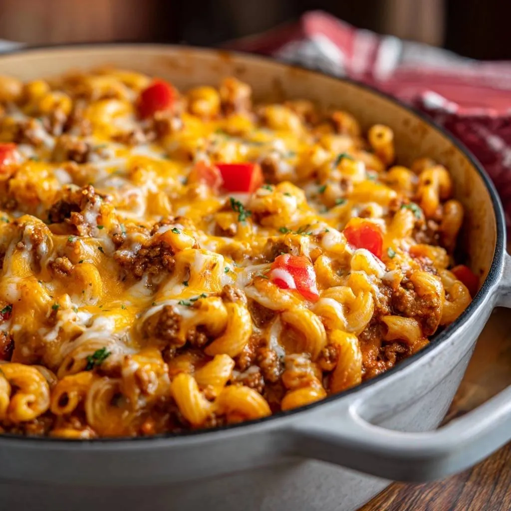 One-pot cheesy beef pasta shown in a close-up view of the entire dish in a pot, topped with melted cheese and diced tomatoes.