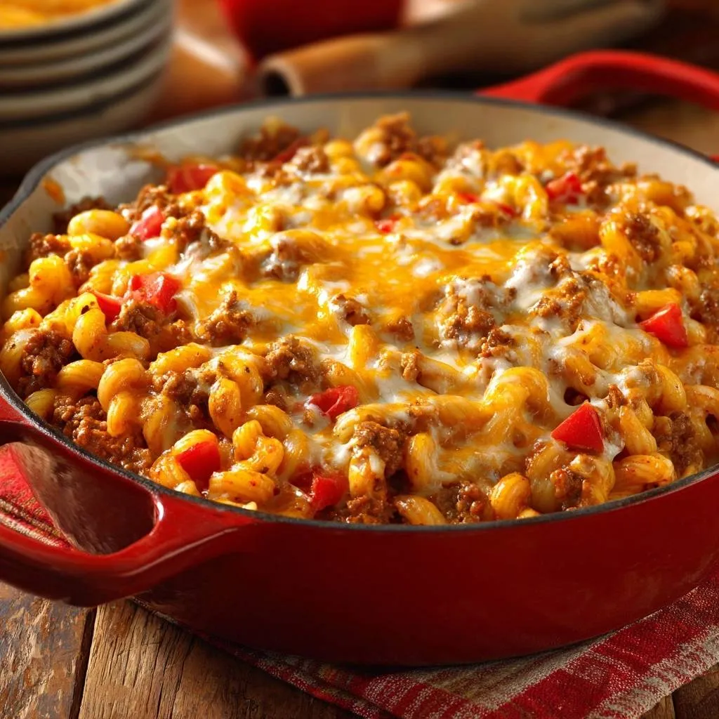 One-pot cheesy beef pasta with a golden melted cheese topping, served in a red cast iron skillet.