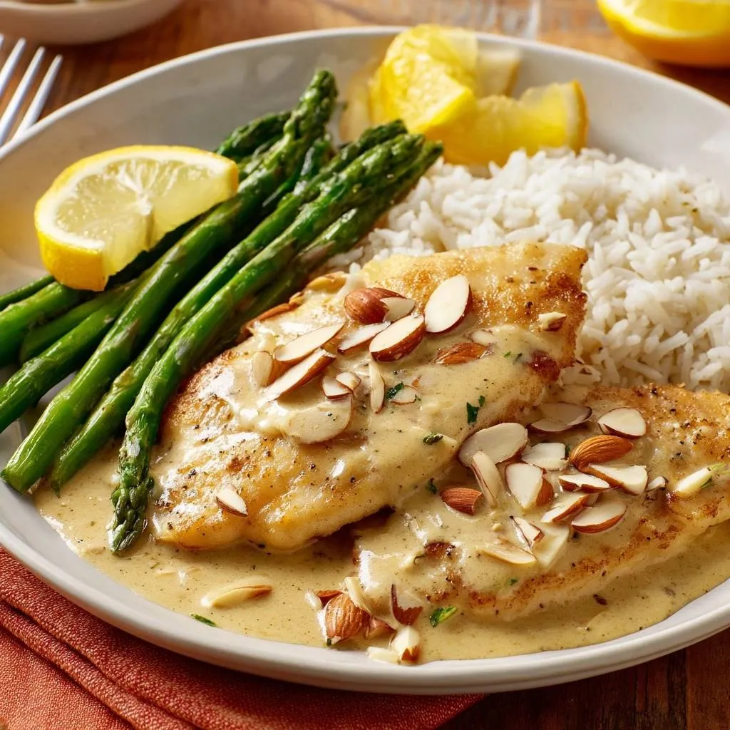 Pan-seared fish with almond cream sauce served with asparagus and rice on a plate, side view.