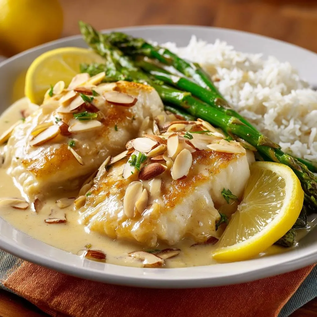 Pan-seared fish with almond cream sauce served with rice and asparagus, garnished with sliced almonds and lemon.