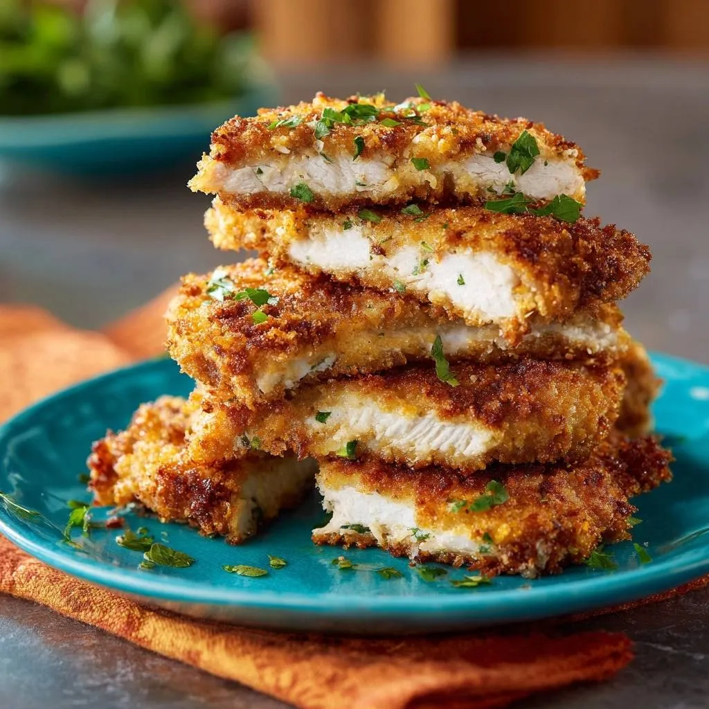 Crispy Panko Chicken Cutlets with Unbreakable Crunch shown in a close-up cross-section revealing the tender white meat.