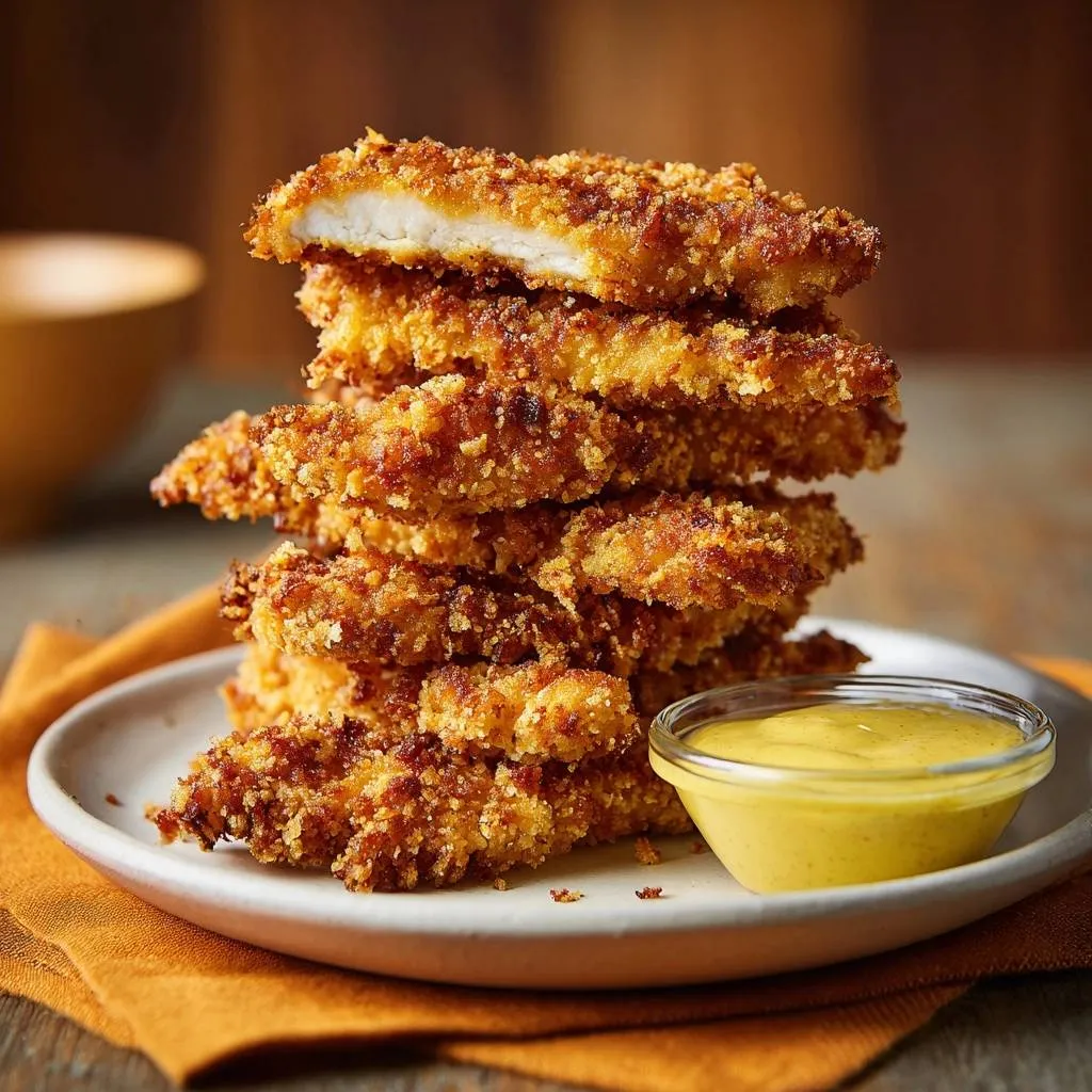 Crunchy panko chicken tenders recipe shown in a close-up cross-section revealing the tender white meat inside.