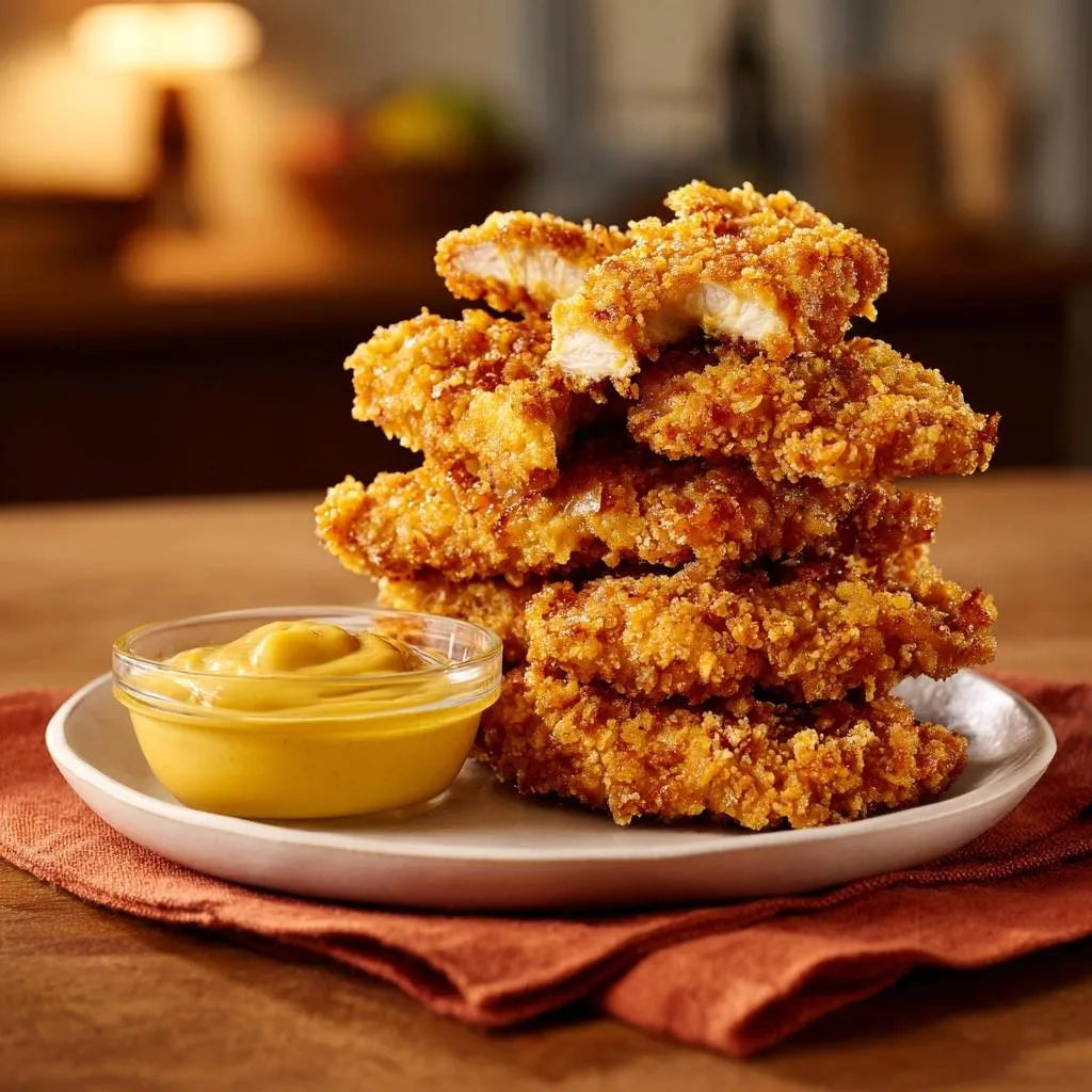 Crunchy panko chicken tenders stacked high next to a small bowl of mustard dipping sauce.