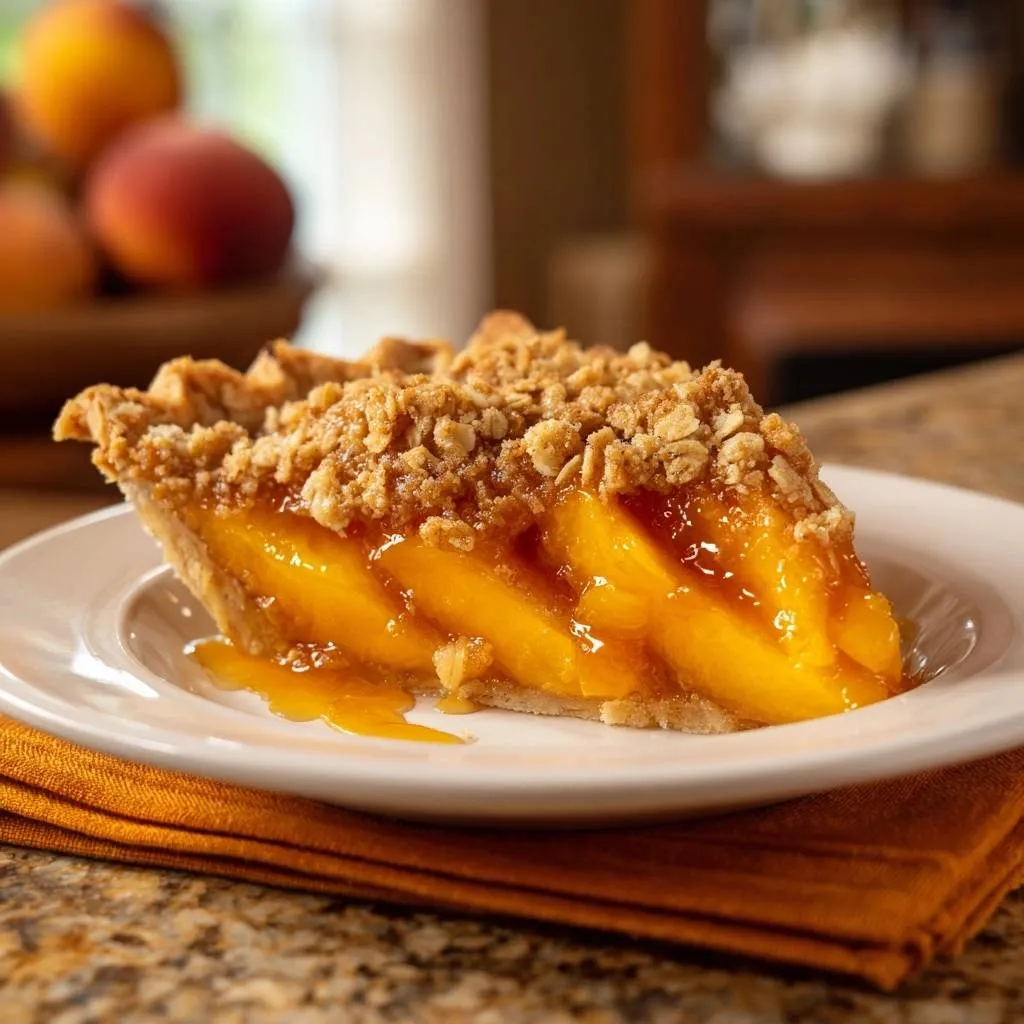 Peach crumble pie interior slice showing juicy fruit filling and a golden crumb topping on a white plate.