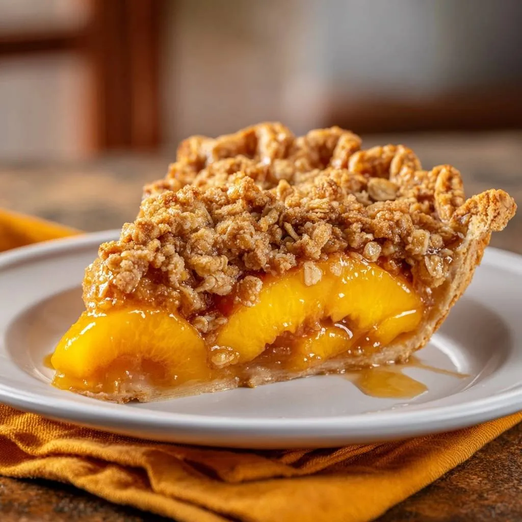 Peach crumble pie slice cross-section showing juicy fruit filling and golden brown topping on a white plate.