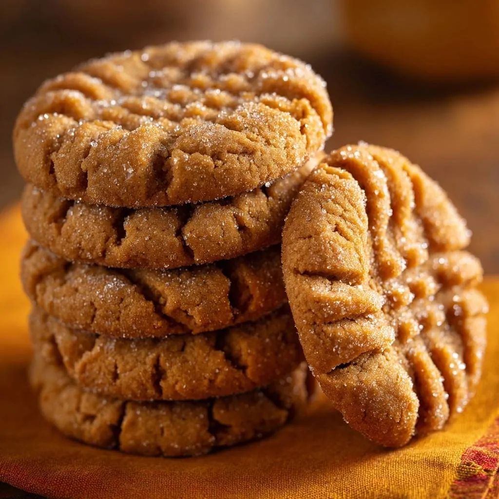 Classic peanut butter cookies stacked high and dusted with sparkling sugar crystals, showing their textured tops.