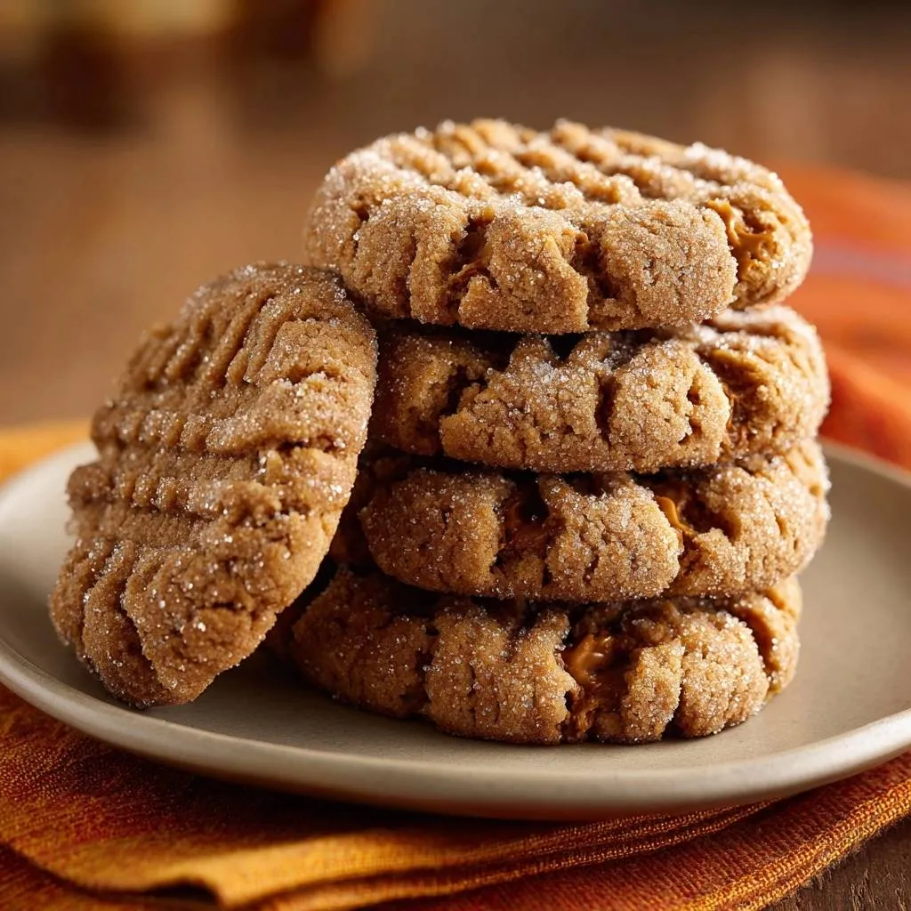 Perfect peanut butter cookies, a stack of thick, chewy cookies dusted with sugar, showcasing their textured tops.