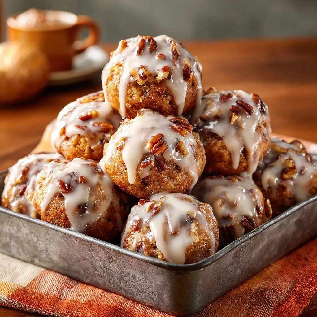 Pecan glazed carrot muffins stacked in a metal tray, showcasing the detailed glaze and pecan topping.