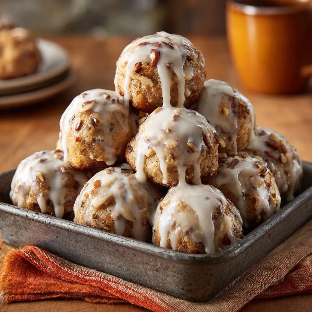 Pecan glazed carrot muffins stacked in a rustic metal pan, showing their drizzled icing and nutty texture.