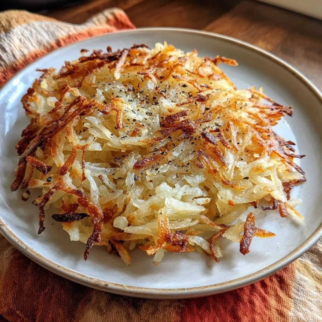 Perfect crispy hash browns served on a plate, seasoned with black pepper, captured in a close-up detail shot.