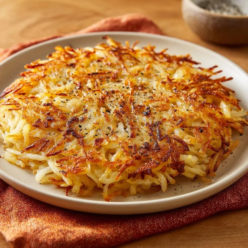 Perfect crispy hash browns presented as a round disc on a white plate, with a close-up view of the shredded potato texture.