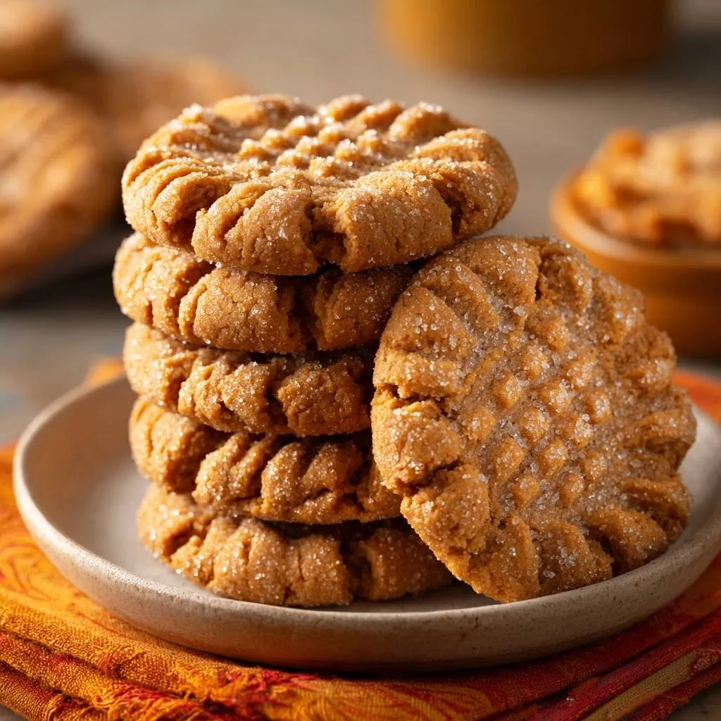 Perfect peanut butter cookies stacked on a plate, showcasing their textured surface and sugar coating.
