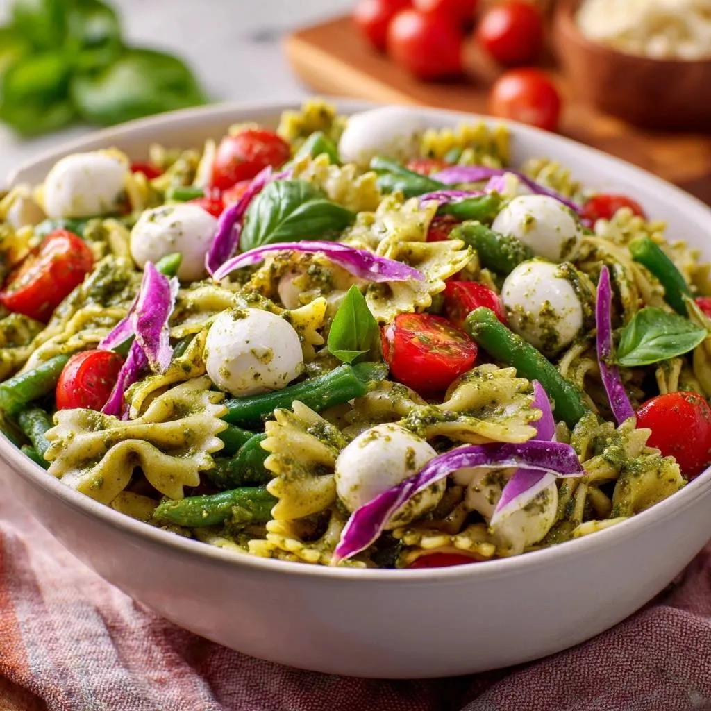 Pesto farfalle pasta salad with crisp green beans and mozzarella balls in a white bowl, viewed up close.