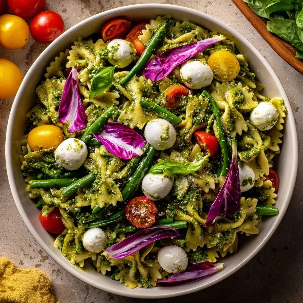 Pesto farfalle pasta salad with crisp green beans, cherry tomatoes, and mozzarella balls served in a large bowl from an overhead view.