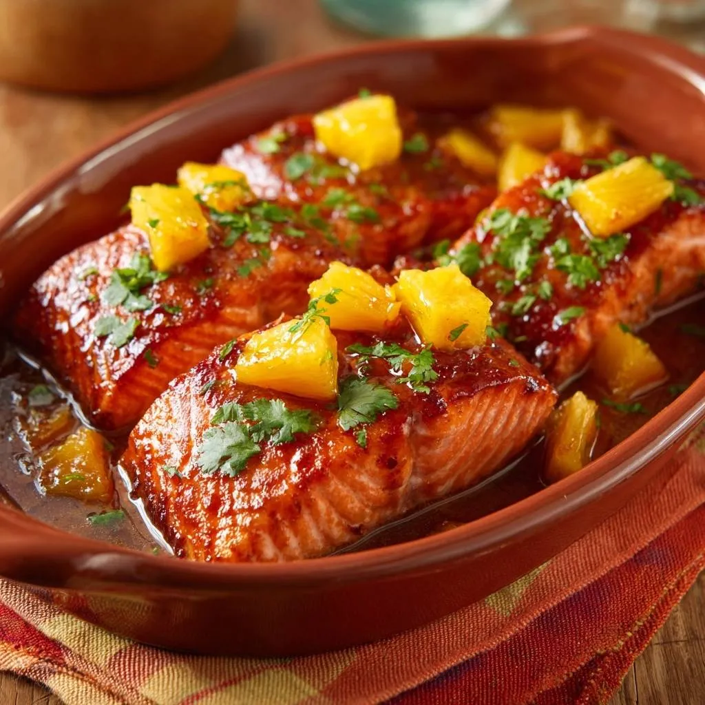 Pineapple glazed salmon, a close-up detail shot showcasing the glistening glaze and fresh pineapple chunks.