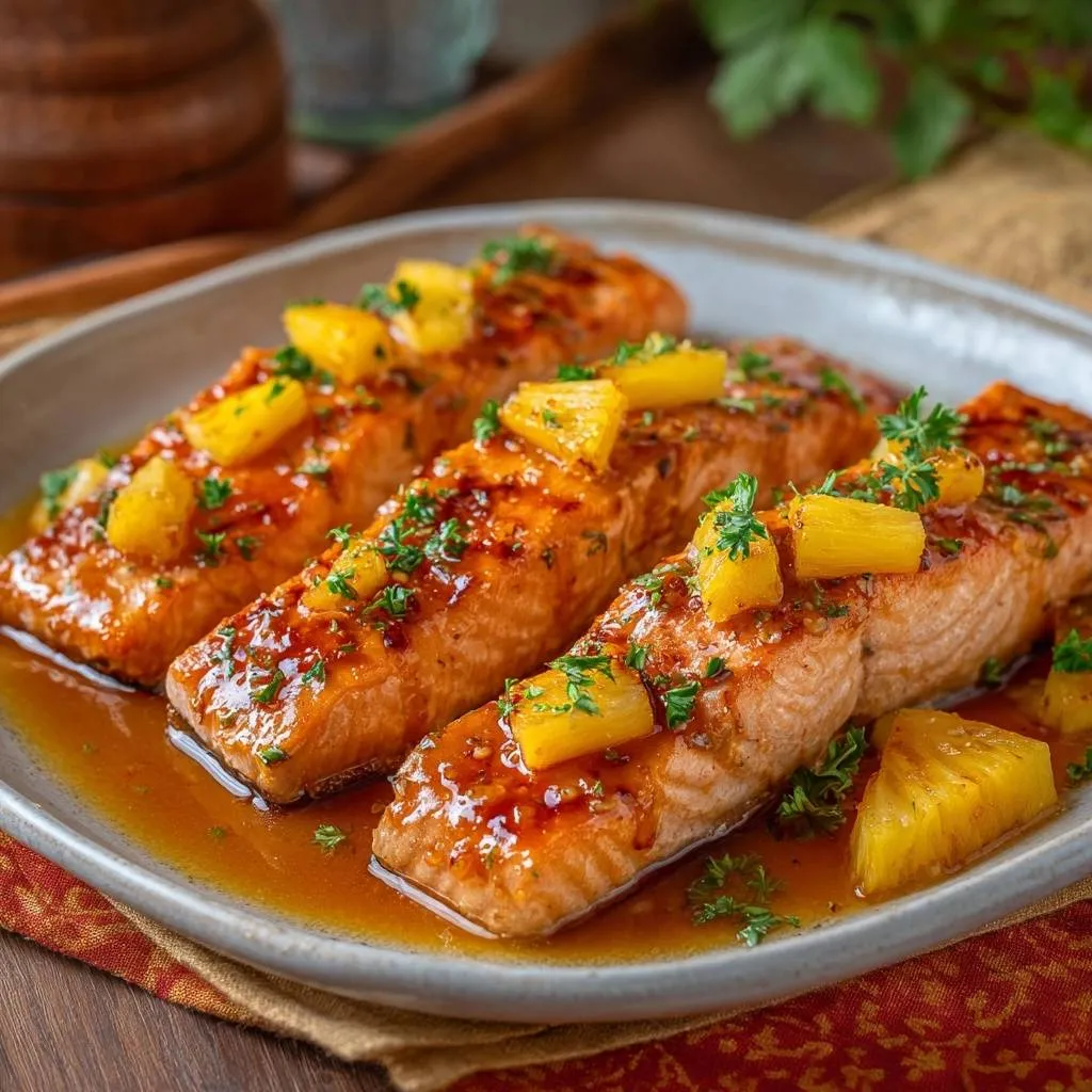 Pineapple glazed salmon plated with a glistening glaze and topped with pineapple chunks and fresh parsley.