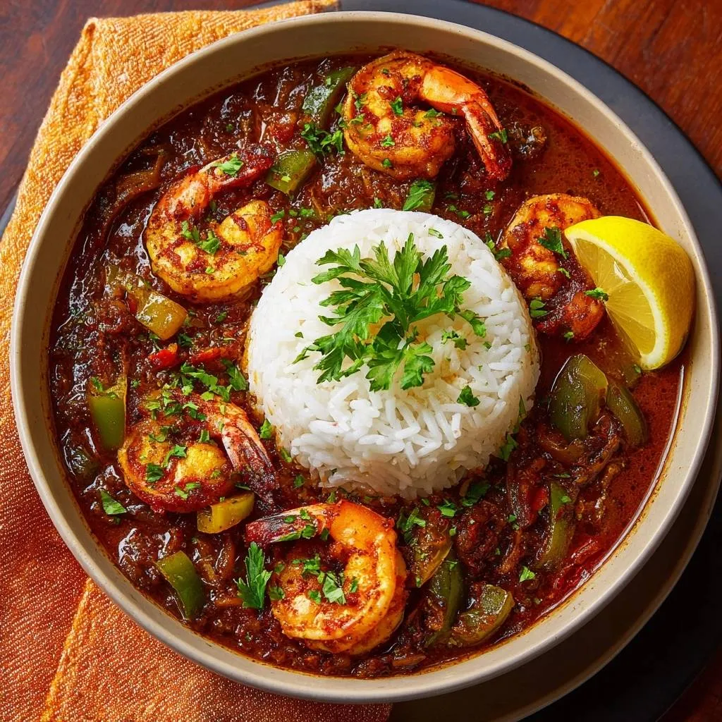 Pineapple shrimp curry served in a bowl with rice and garnished with fresh parsley and a lemon wedge.
