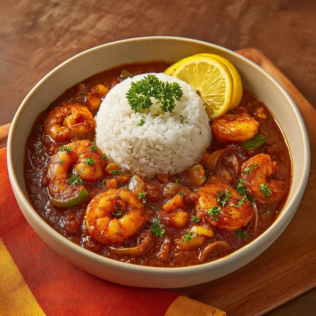 Pineapple shrimp curry served in a bowl with a mound of white rice and lemon slices.