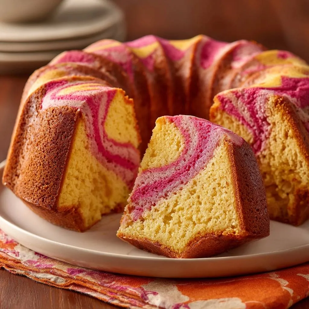 Stunning pink swirl bundt cake shown in a close-up cross-section revealing its marbled interior.