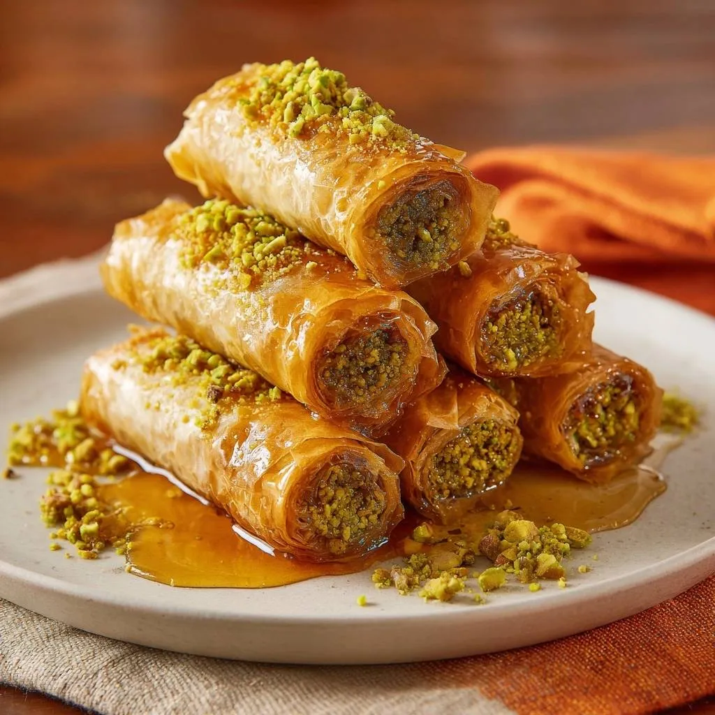 Pistachio baklava rolls with crunchy phyllo layers drizzled in honey and sprinkled with pistachios.