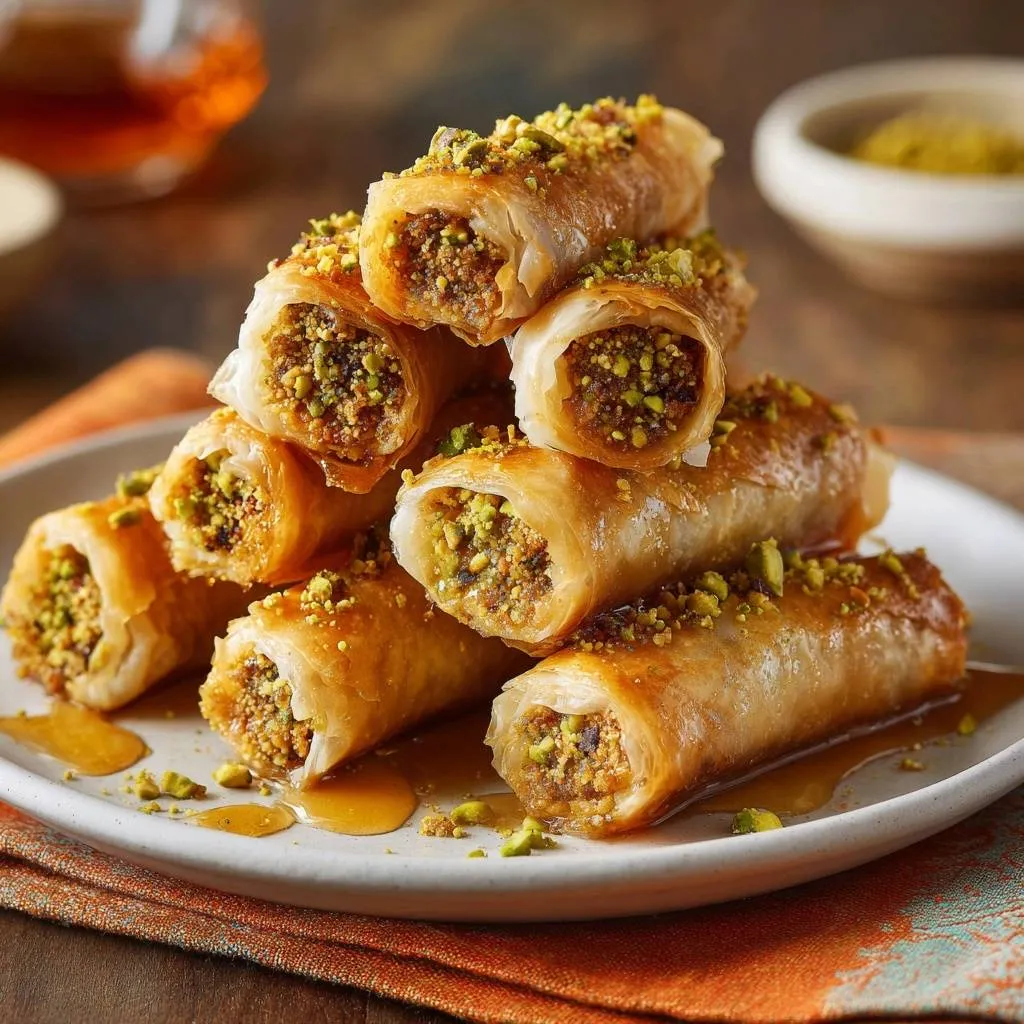Pistachio baklava rolls with crunchy phyllo layers stacked on a white plate, drizzled with syrup and sprinkled with pistachios.