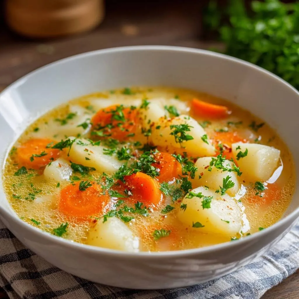 Potato carrot soup with firm potato chunks and fresh parsley garnish in a white bowl.