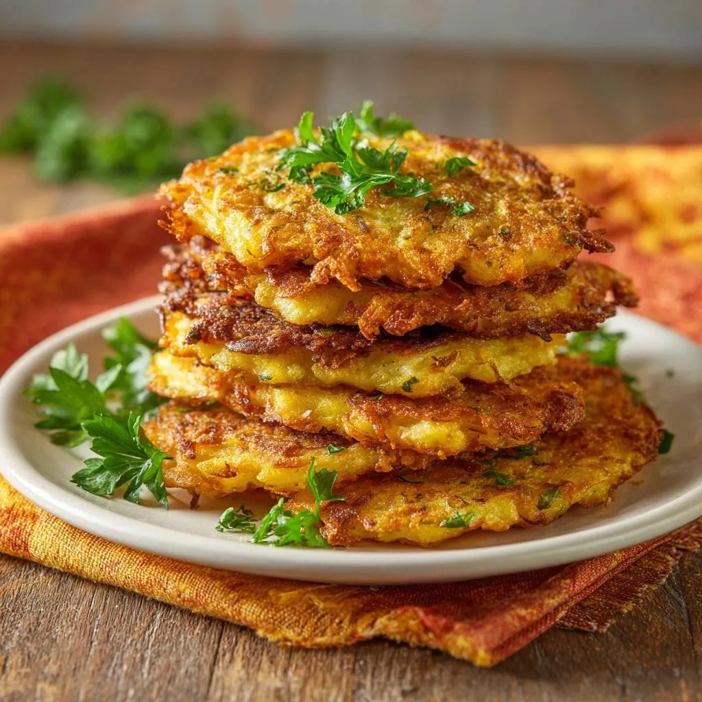 Crispy potato latkes stacked high on a plate, garnished with fresh parsley, showcasing their golden-brown texture.