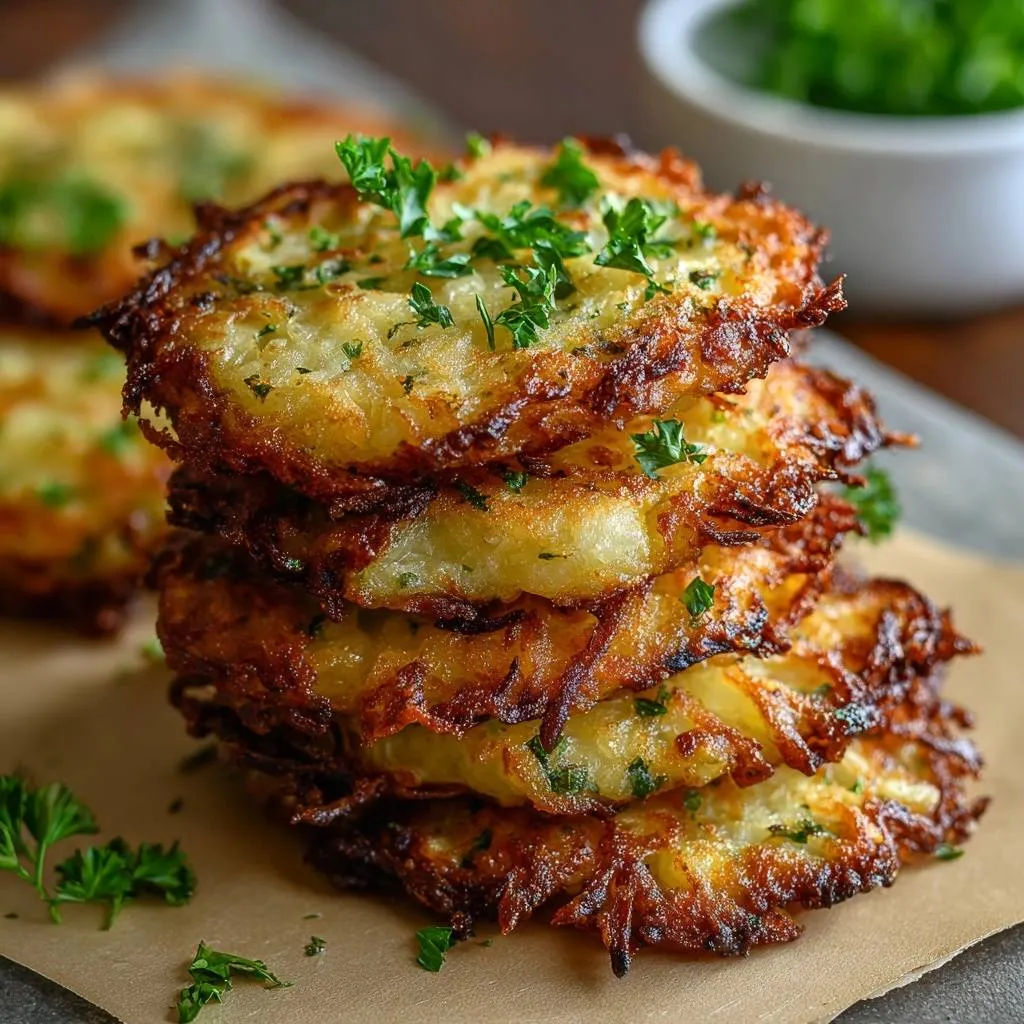 Crispy potato latkes are stacked high and garnished with fresh parsley in this close-up view.